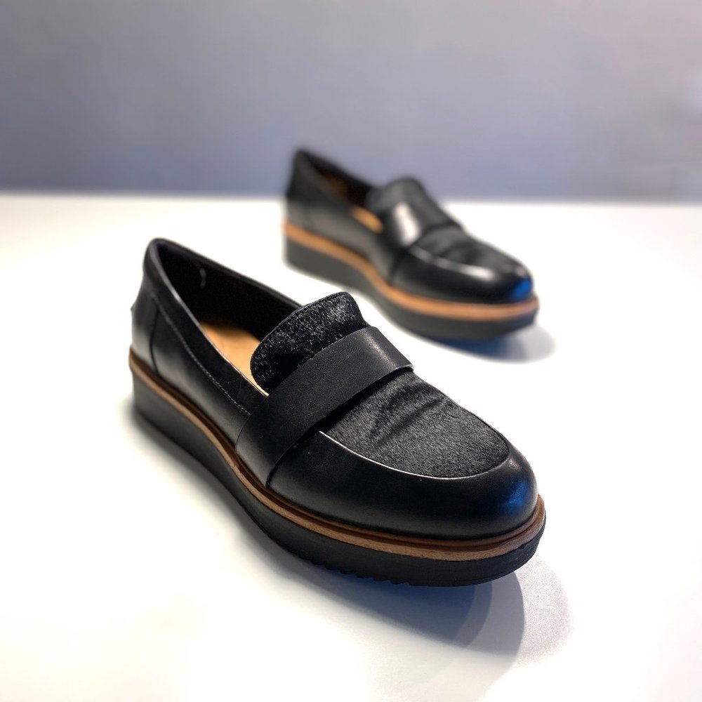 Clarks Black Leather & Pony Hair Penny Loafers